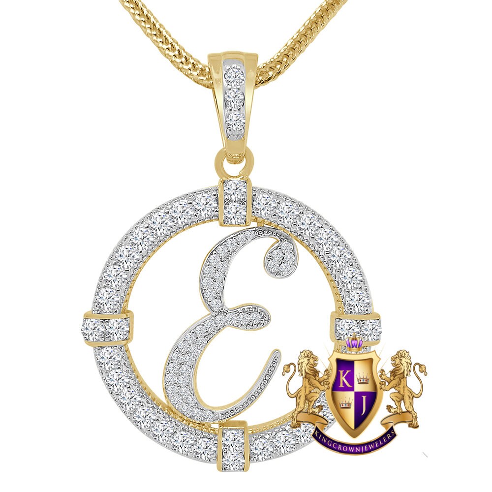 Solitaire Men's Big 2.75'' 14k Gold Over Round Medallion Cursive Initial Letter Alphabet "E" Charm Pendent Chain Set 39 + Grams