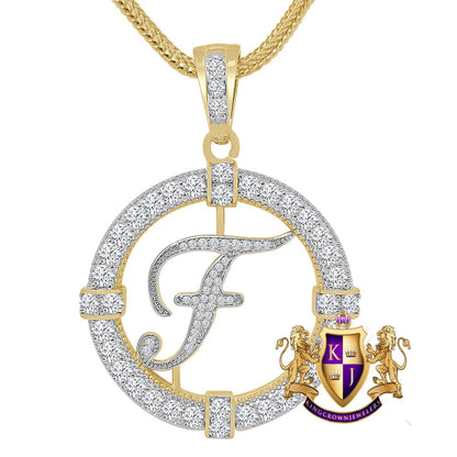 Solitaire Men's Big 2.75'' 14k Gold Over Round Medallion Cursive Initial Letter Alphabet "F" Charm Pendent Chain Set 39 + Grams