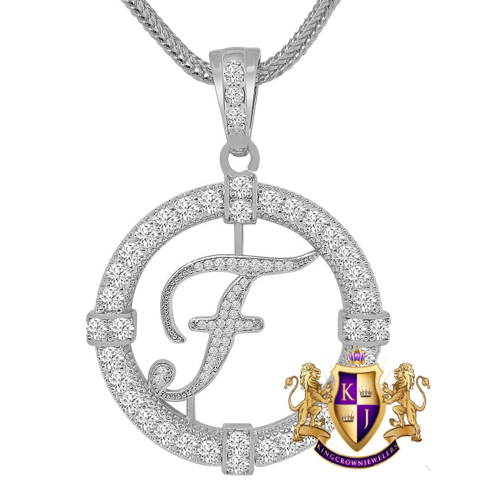 Solitaire Men's Big 2.75'' 14k Gold Over Round Medallion Cursive Initial Letter Alphabet "F" Charm Pendent Chain Set 39 + Grams