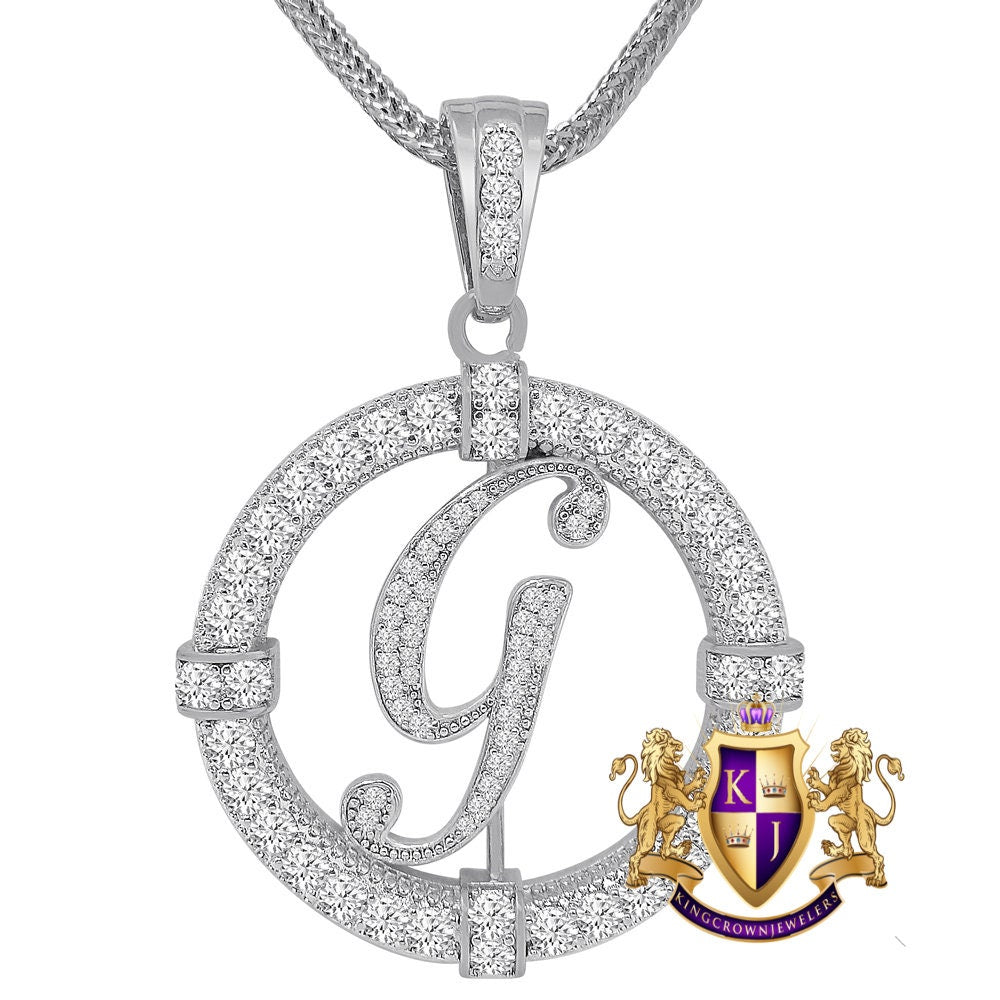 Solitaire Men's Big 2.75'' 14k Gold Over Round Medallion Cursive Initial Letter Alphabet "G" Charm Pendent Chain Set 39 + Grams