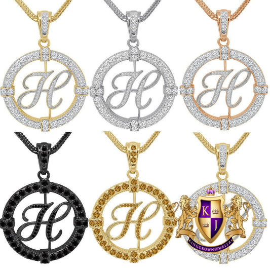 Solitaire Men's Big 2.75'' 14k Gold Over Round Medallion Cursive Initial Letter Alphabet "H" Charm Pendent Chain Set 39 + Grams