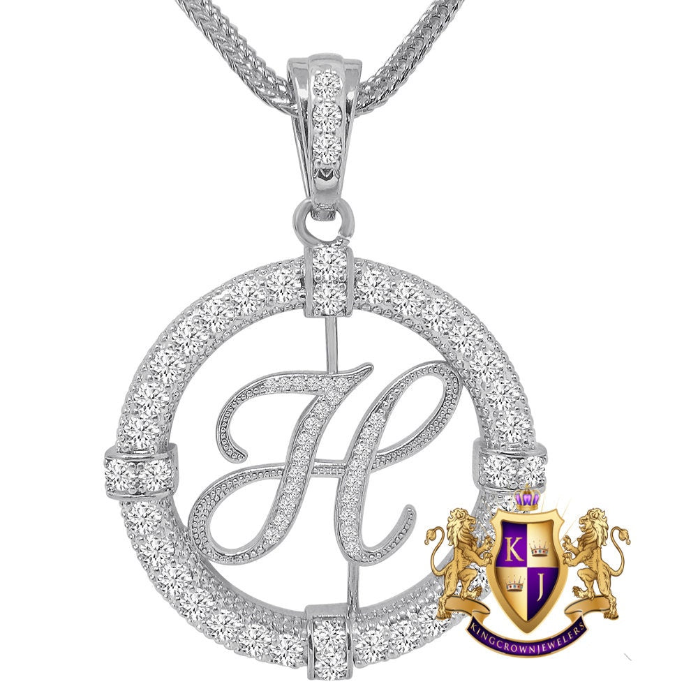 Solitaire Men's Big 2.75'' 14k Gold Over Round Medallion Cursive Initial Letter Alphabet "H" Charm Pendent Chain Set 39 + Grams