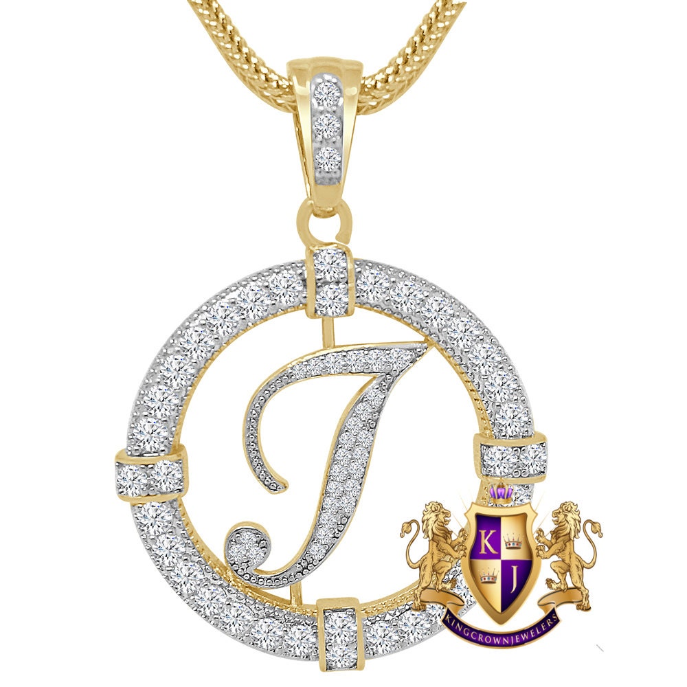Solitaire Men's Big 2.75'' 14k Gold Over Round Medallion Cursive Initial Letter Alphabet "I" Charm Pendent Chain Set 39 + Grams