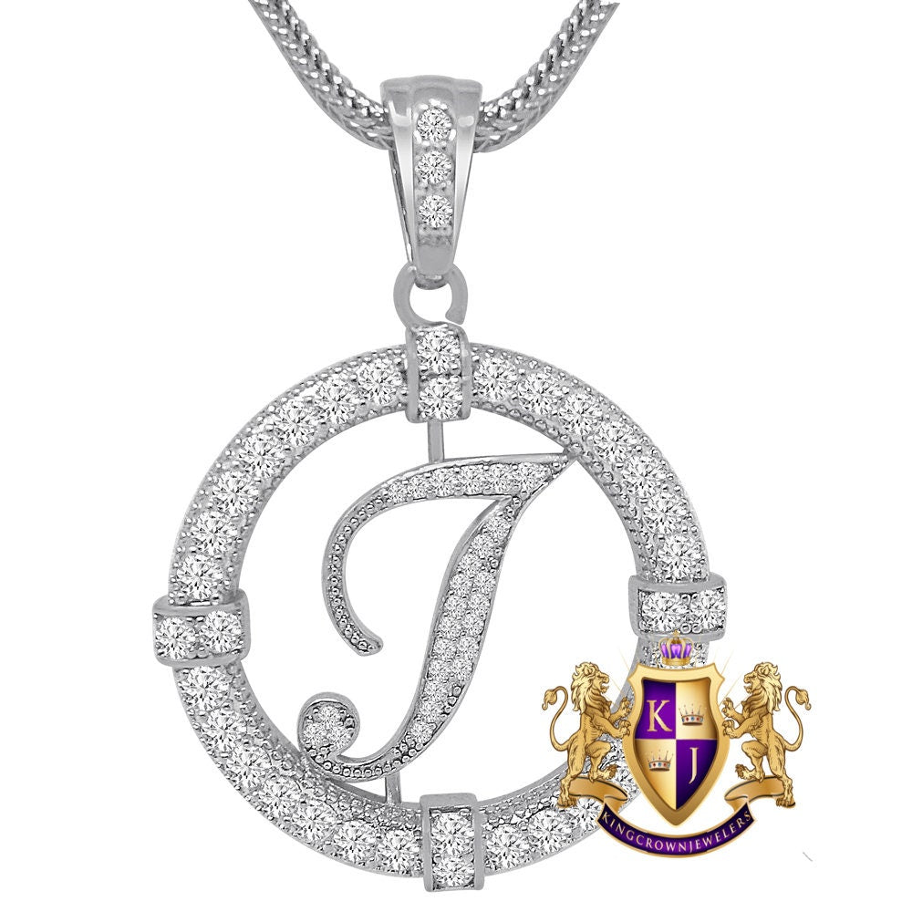 Solitaire Men's Big 2.75'' 14k Gold Over Round Medallion Cursive Initial Letter Alphabet "I" Charm Pendent Chain Set 39 + Grams