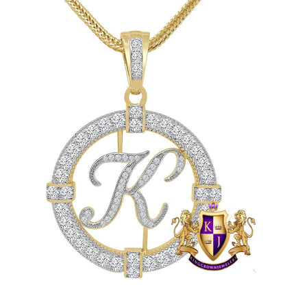 39 + Grams Solitaire Men's 14k Gold Over Round Medallion Cursive Initial Letter Alphabet "K" Charm Pendent Chain Set 2.75''
