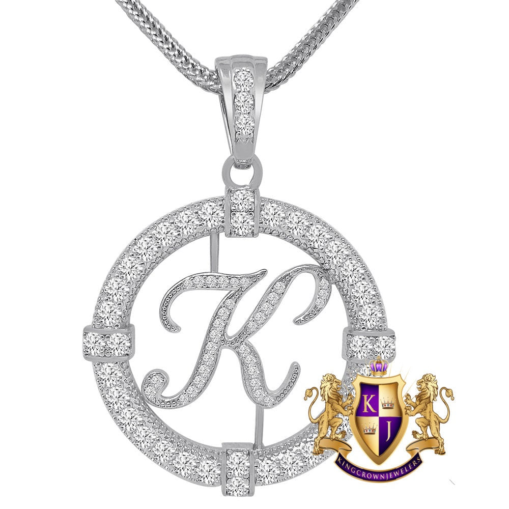 39 + Grams Solitaire Men's 14k Gold Over Round Medallion Cursive Initial Letter Alphabet "K" Charm Pendent Chain Set 2.75''