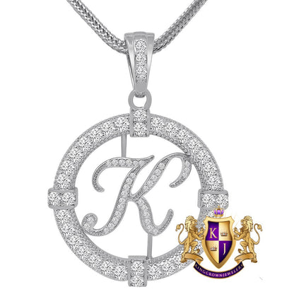 39 + Grams Solitaire Men's 14k Gold Over Round Medallion Cursive Initial Letter Alphabet "K" Charm Pendent Chain Set 2.75''