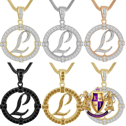 Solitaire Men's Big 2.75'' 14k Gold Over Round Medallion Cursive Initial Letter Alphabet "L" Charm Pendent Chain Set 39 + Grams