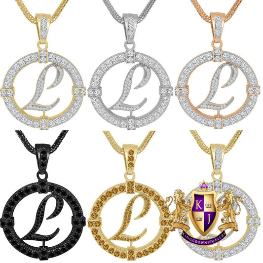 Solitaire Men's Big 2.75'' 14k Gold Over Round Medallion Cursive Initial Letter Alphabet "L" Charm Pendent Chain Set 39 + Grams