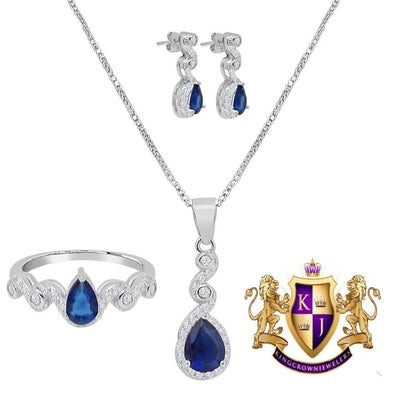Real Sterling Silver 10K White Gold Over Sapphire Blue Ladies Pendent Charm Chain Neckless Earrings Ring 3 Piece Combo Set
