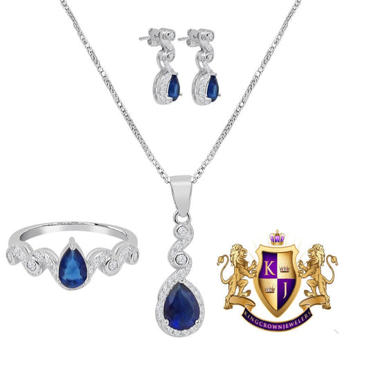 Real Sterling Silver 10K White Gold Over Sapphire Blue Ladies Pendent Charm Chain Neckless Earrings Ring 3 Piece Combo Set