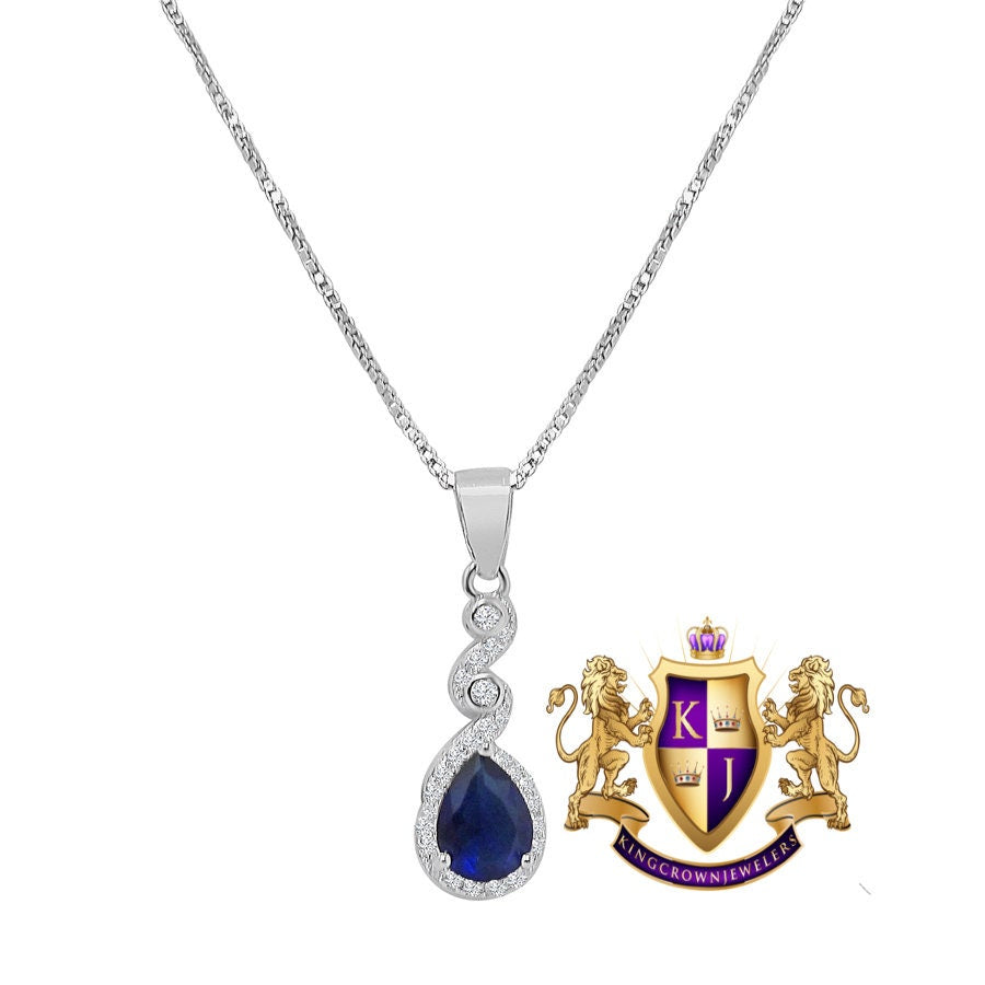 Real Sterling Silver 10K White Gold Over Sapphire Blue Ladies Pendent Charm Chain Neckless Earrings Ring 3 Piece Combo Set
