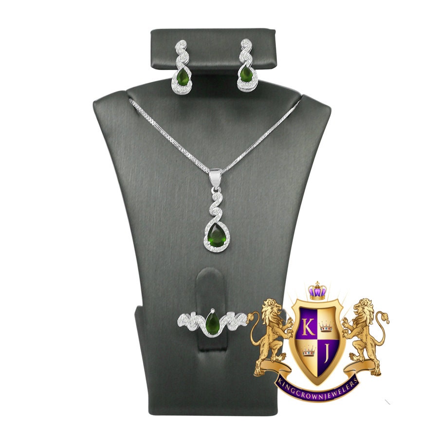 Real Sterling Silver 10K White Gold Over Green Emerald Ladies Pendent Charm Chain Neckless Earrings Ring 3 Piece Combo Set