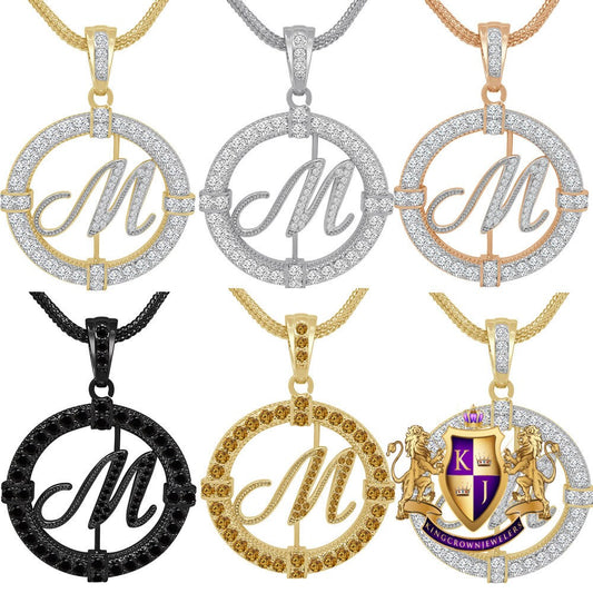 Solitaire Men's Big 2.75'' 14k Gold Over Round Medallion Cursive Initial Letter Alphabet "M" Charm Pendent Chain Set 39 + Grams