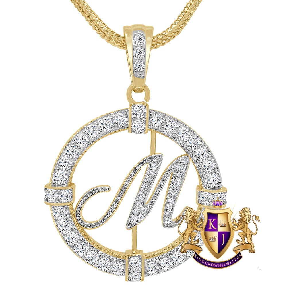 Solitaire Men's Big 2.75'' 14k Gold Over Round Medallion Cursive Initial Letter Alphabet "M" Charm Pendent Chain Set 39 + Grams