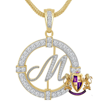Solitaire Men's Big 2.75'' 14k Gold Over Round Medallion Cursive Initial Letter Alphabet "M" Charm Pendent Chain Set 39 + Grams