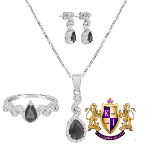 Real Sterling Silver 10K White Gold Over Onyx Black Ladies Pendent Charm Chain Neckless Earrings Ring 3 Piece Combo Set