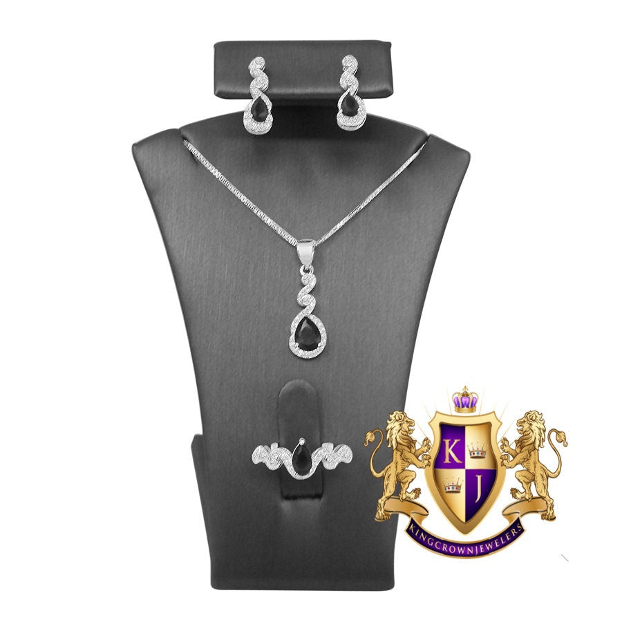 Real Sterling Silver 10K White Gold Over Onyx Black Ladies Pendent Charm Chain Neckless Earrings Ring 3 Piece Combo Set