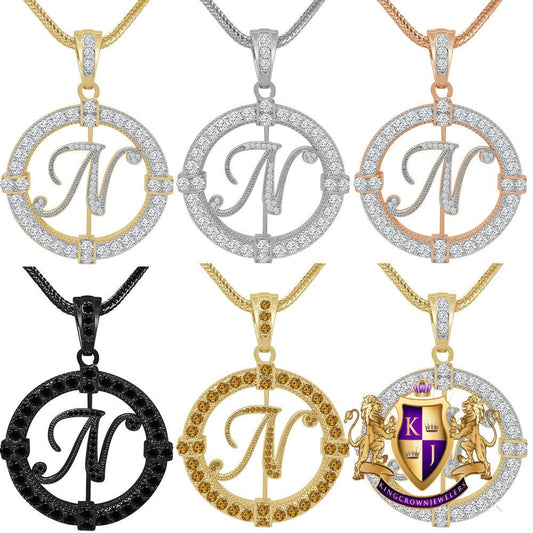 Solitaire Men's Big 2.75'' 14k Gold Over Round Medallion Cursive Initial Letter Alphabet "N" Charm Pendent Chain Set 39 + Grams