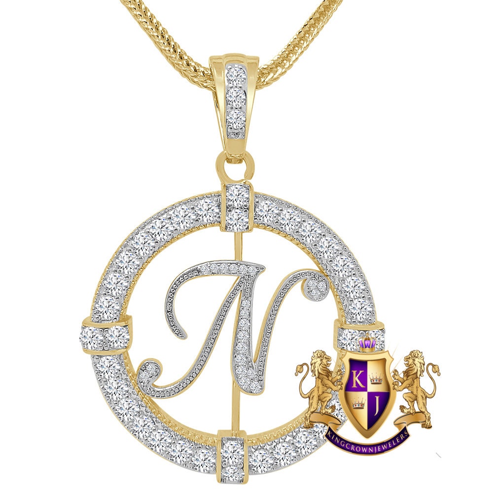 Solitaire Men's Big 2.75'' 14k Gold Over Round Medallion Cursive Initial Letter Alphabet "N" Charm Pendent Chain Set 39 + Grams