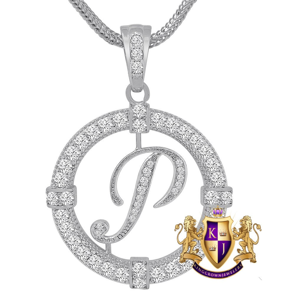 Solitaire Men's Big 2.75'' 14k Gold Over Round Medallion Cursive Initial Letter Alphabet "P" Charm Pendent Chain Set 39 + Grams