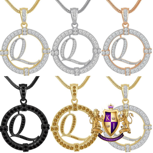Solitaire Men's Big 2.75'' 14k Gold Over Round Medallion Cursive Initial Letter Alphabet "Q" Charm Pendent Chain Set 39 + Grams