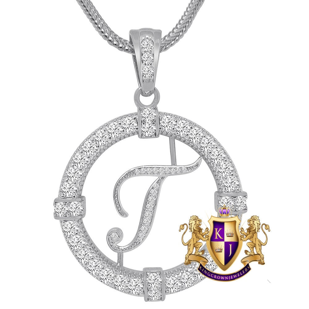 Solitaire Men's Big 2.75'' 14k Gold Over Round Medallion Cursive Initial Letter Alphabet "T" Charm Pendent Chain Set 39 + Grams