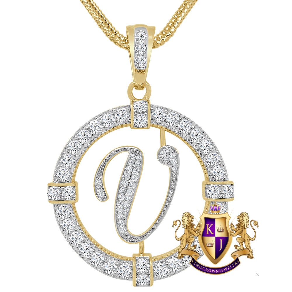 Solitaire Men's Big 2.75'' 14k Gold Over Round Medallion Cursive Initial Letter Alphabet "V" Charm Pendent Chain Set 39 + Grams