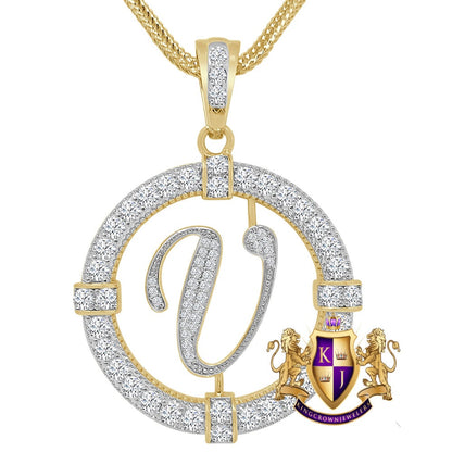 Solitaire Men's Big 2.75'' 14k Gold Over Round Medallion Cursive Initial Letter Alphabet "V" Charm Pendent Chain Set 39 + Grams