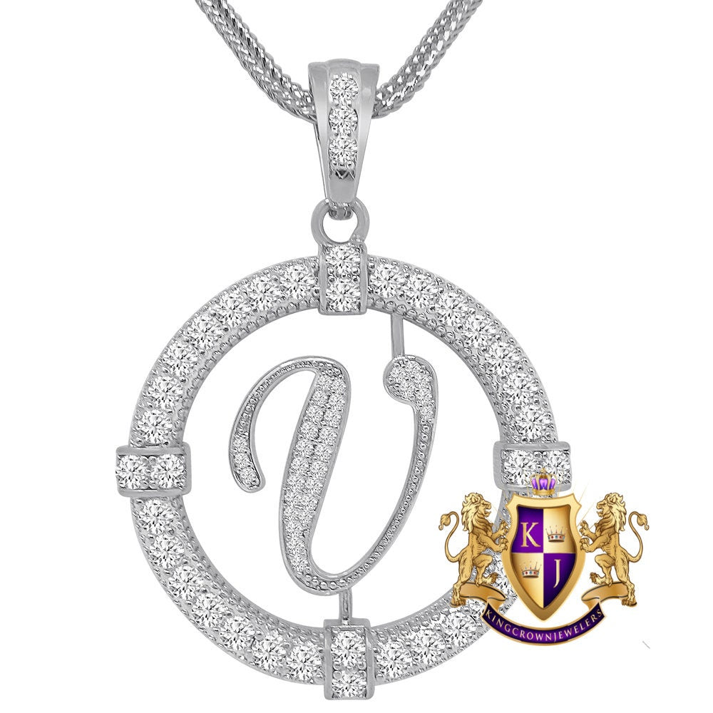 Solitaire Men's Big 2.75'' 14k Gold Over Round Medallion Cursive Initial Letter Alphabet "V" Charm Pendent Chain Set 39 + Grams