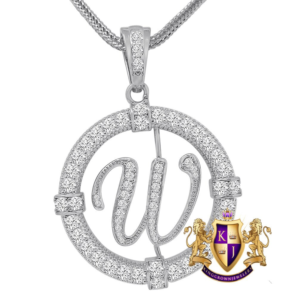 Solitaire Men's Big 2.75'' 14k Gold Over Round Medallion Cursive Initial Letter Alphabet "W" Charm Pendent Chain Set 39 + Grams