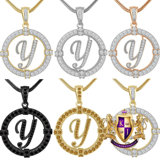 Solitaire Men's Big 2.75'' 14k Gold Over Round Medallion Cursive Initial Letter Alphabet "Y" Charm Pendent Chain Set 39 + Grams