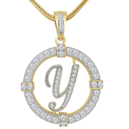 Solitaire Men's Big 2.75'' 14k Gold Over Round Medallion Cursive Initial Letter Alphabet "Y" Charm Pendent Chain Set 39 + Grams