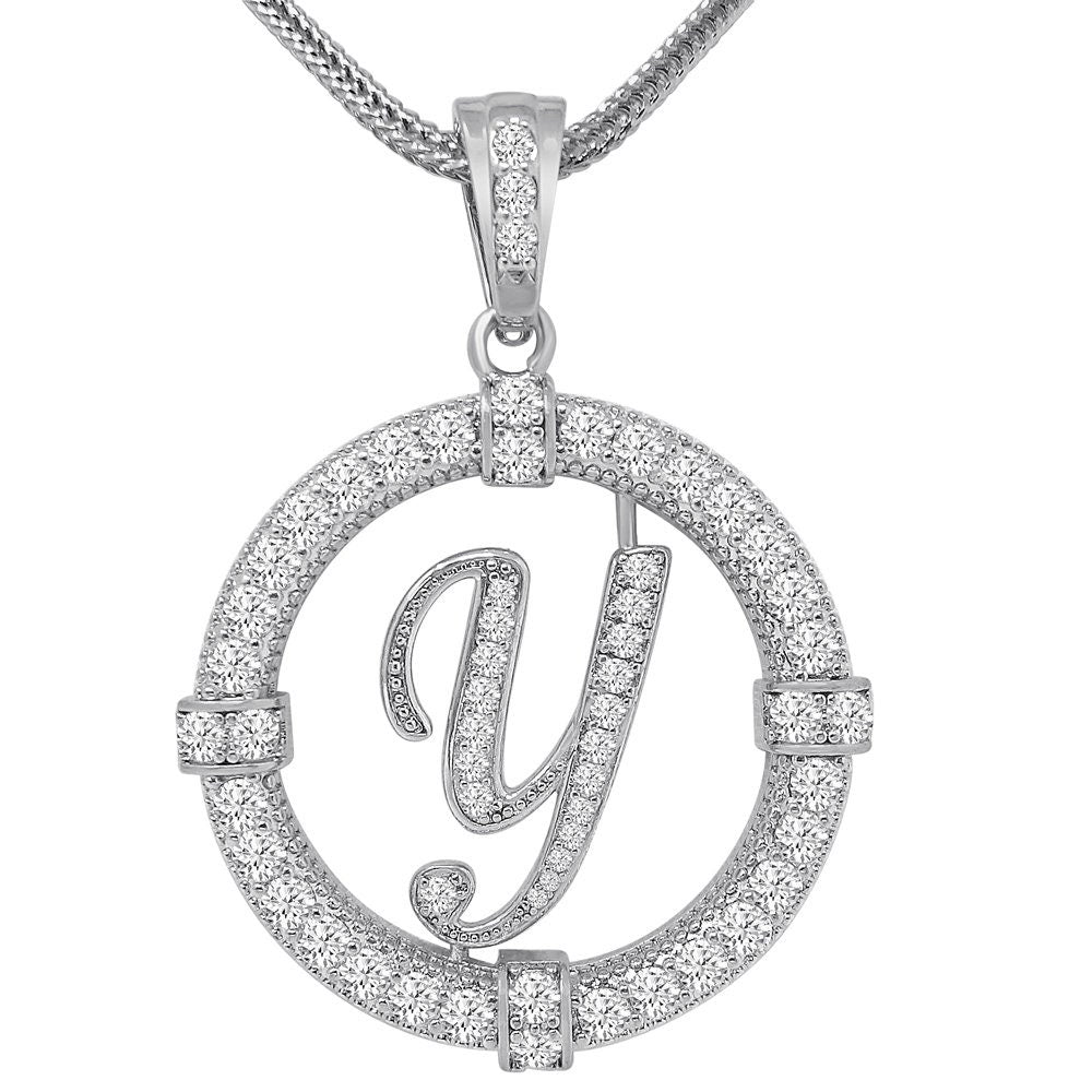 Solitaire Men's Big 2.75'' 14k Gold Over Round Medallion Cursive Initial Letter Alphabet "Y" Charm Pendent Chain Set 39 + Grams