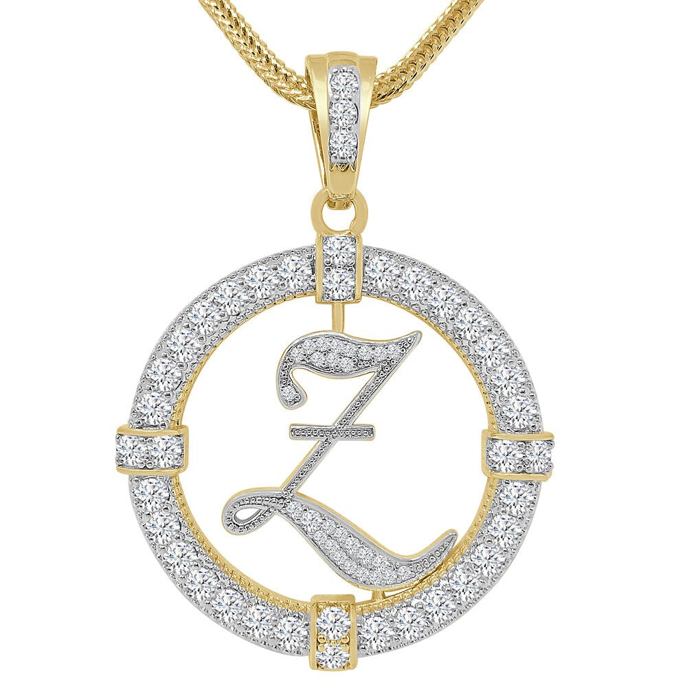 Solitaire Men's Big 2.75'' 14k Gold Over Round Medallion Cursive Initial Letter Alphabet "Z" Charm Pendent Chain Set 39 + Grams