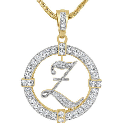 Solitaire Men's Big 2.75'' 14k Gold Over Round Medallion Cursive Initial Letter Alphabet "Z" Charm Pendent Chain Set 39 + Grams