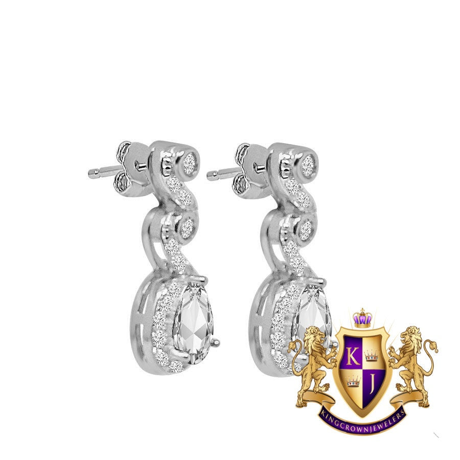Real Sterling Silver 10K White Gold Over Crystal Clear Zirconia Ladies Pendent Charm Chain Neckless Earrings Ring 3 Piece Combo Set