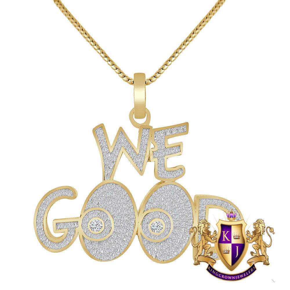 Men's Exclusive Custom Piece Real Sterling Silver Simulated Diamond "WE GOOD" Charm Pendent + Free Chain