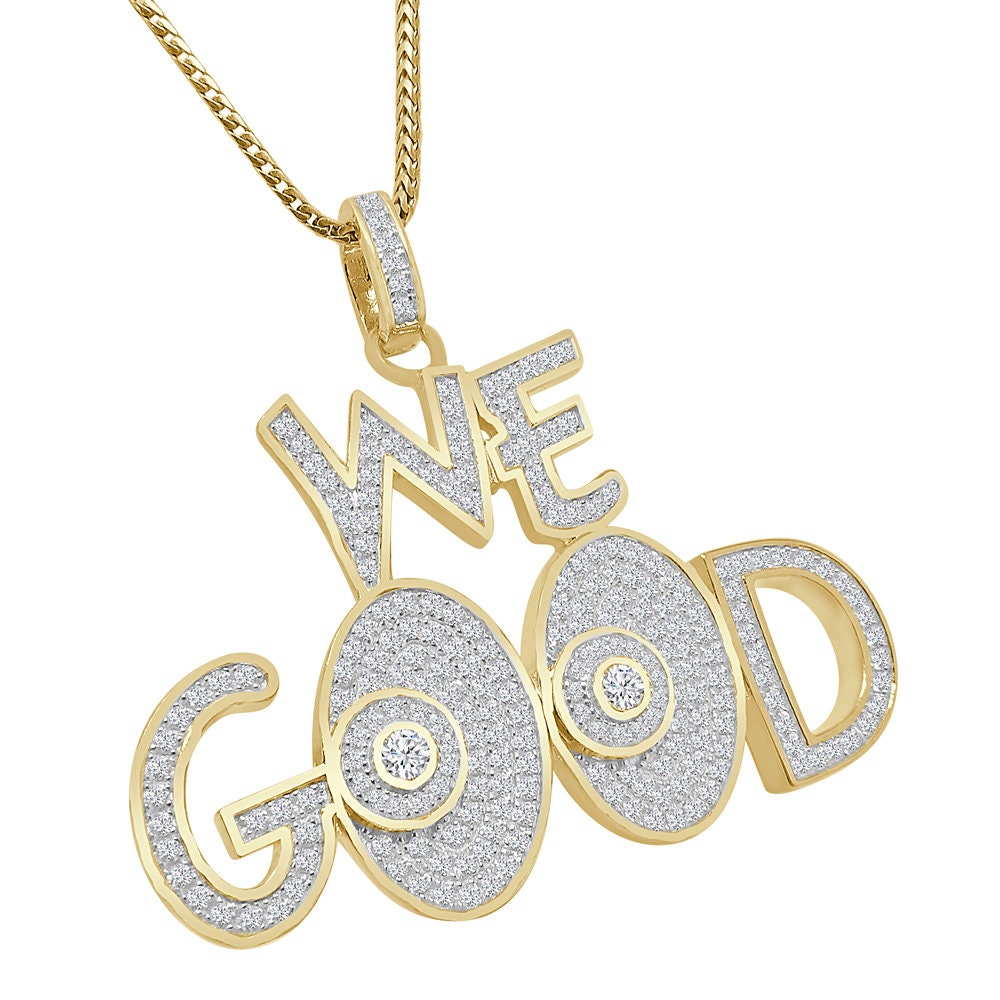 Men's Exclusive Custom Piece Real Sterling Silver Simulated Diamond "WE GOOD" Charm Pendent + Free Chain
