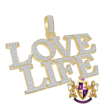 Men's Big Bold Real Yellow Gold Sterling Silver Simulated Diamond Custom Piece "LOVE LIFE" Charm Pendent