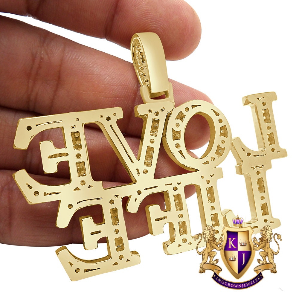 Men's Big Bold Real Yellow Gold Sterling Silver Simulated Diamond Custom Piece "LOVE LIFE" Charm Pendent