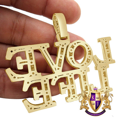 Men's Big Bold Real Yellow Gold Sterling Silver Simulated Diamond Custom Piece "LOVE LIFE" Charm Pendent