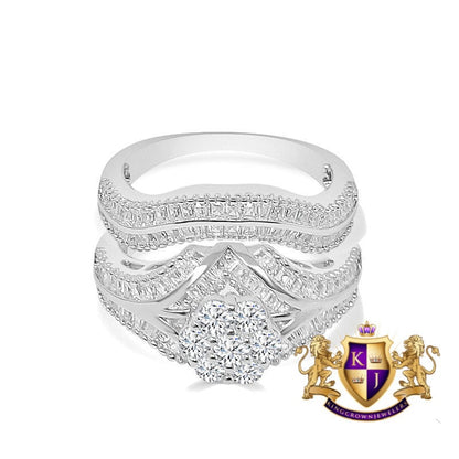 2.25 Cwt. Baguette/Round Cut Simulated Diamond 14K White Gold On Genuine Italian Silver Ladies Bridal Wedding Engagement 2 Piece Rings Set