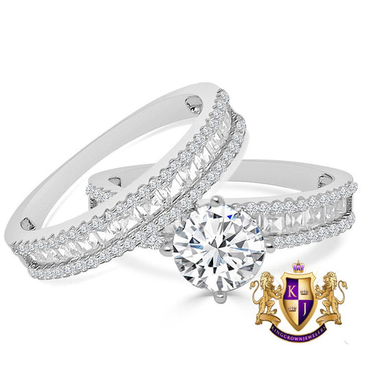 3 Cwt. Baguette/Round Cut Simulated Diamond 14K White Gold On Genuine Italian Silver Ladies Bridal Wedding Engagement 2 Piece Rings Set