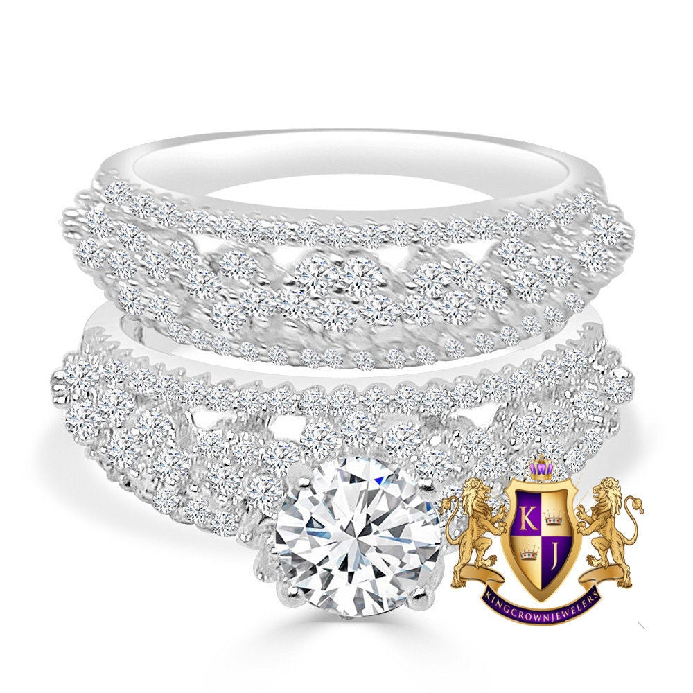 Solitaire 2.25 Cwt. Round Cut Simulated Diamond 14K White Gold On Genuine Italian Silver Ladies Bridal Wedding Engagement 2 Piece Rings Set