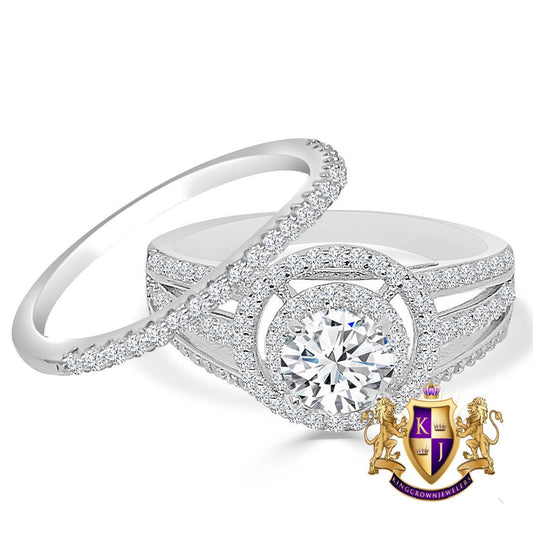 2 Piece Rings Set Solitaire 3.00 Cwt. Round Cut Simulated Diamond 14K White Gold On Italian Silver Ladies Bridal Wedding Engagement Band
