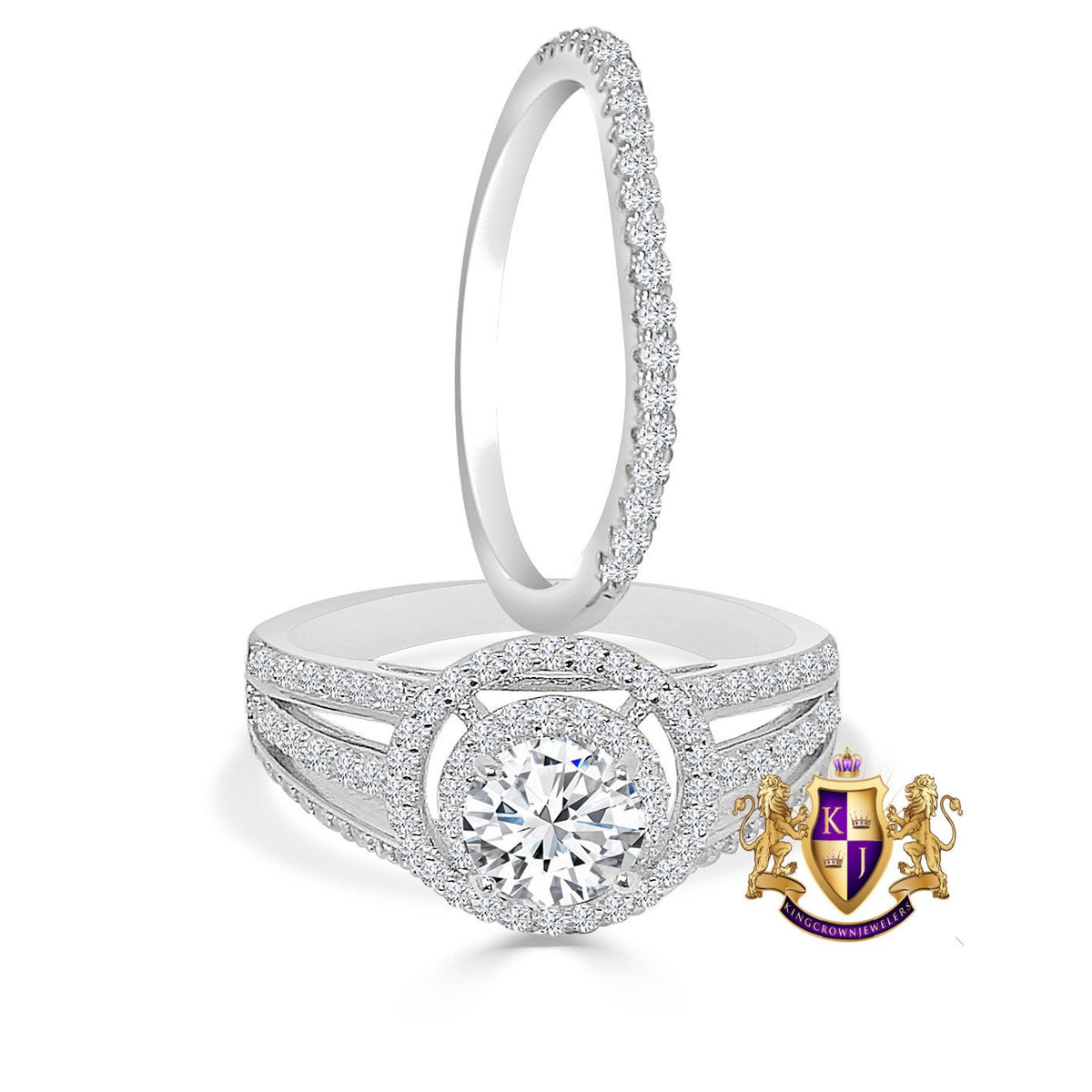 2 Piece Rings Set Solitaire 3.00 Cwt. Round Cut Simulated Diamond 14K White Gold On Italian Silver Ladies Bridal Wedding Engagement Band