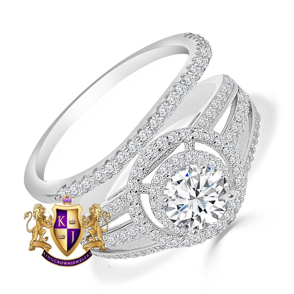 2 Piece Rings Set Solitaire 3.00 Cwt. Round Cut Simulated Diamond 14K White Gold On Italian Silver Ladies Bridal Wedding Engagement Band