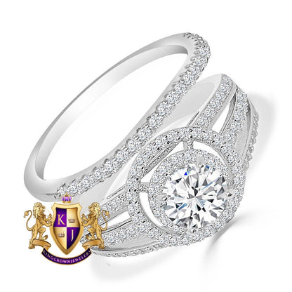 2 Piece Rings Set Solitaire 3.00 Cwt. Round Cut Simulated Diamond 14K White Gold On Italian Silver Ladies Bridal Wedding Engagement Band