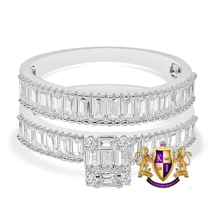 Real Silver Baguette/Round Cut Simulated Diamond 14K White Gold Over Ladies Wedding Engagement 2 Piece Bridal Rings Set 3 Cwt.